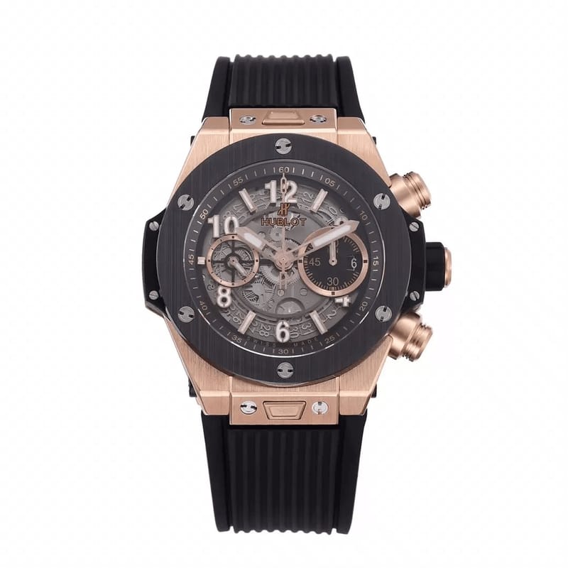 HUBLOT 위블로 빅뱅 크로노그래프 로즈골드 세라믹 베젤 블랙 러버 스트랩 44mm 421.OM.1180.RX