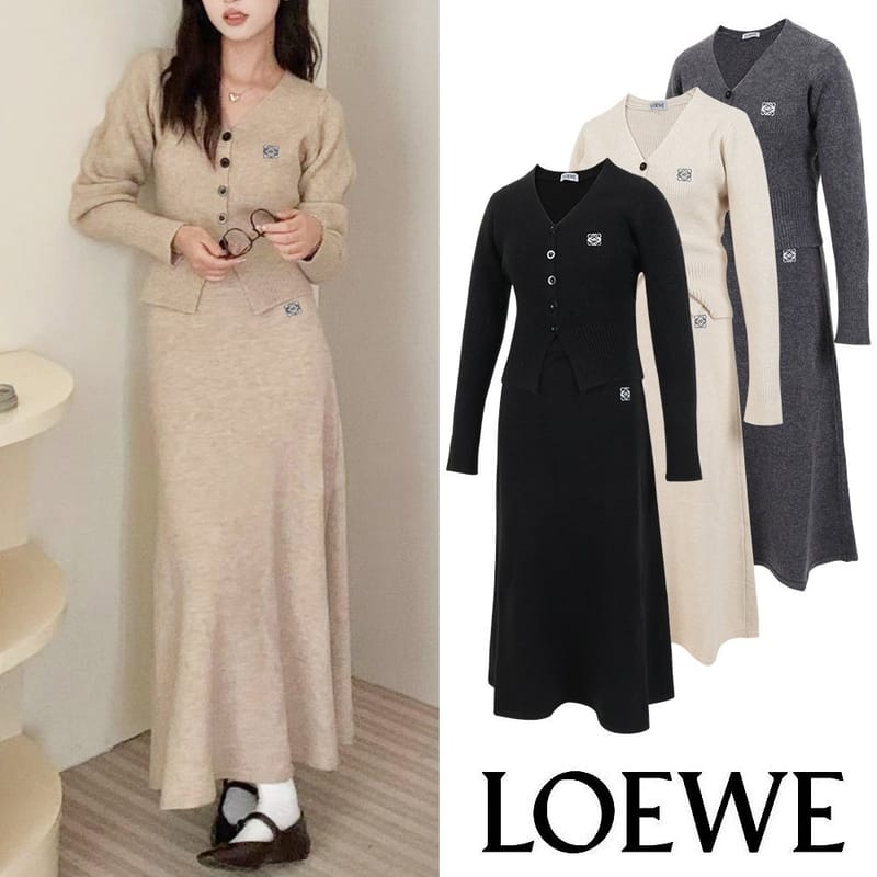 LOEWE 로에베 아나그램 자수 니트 가디건 스커트 세트