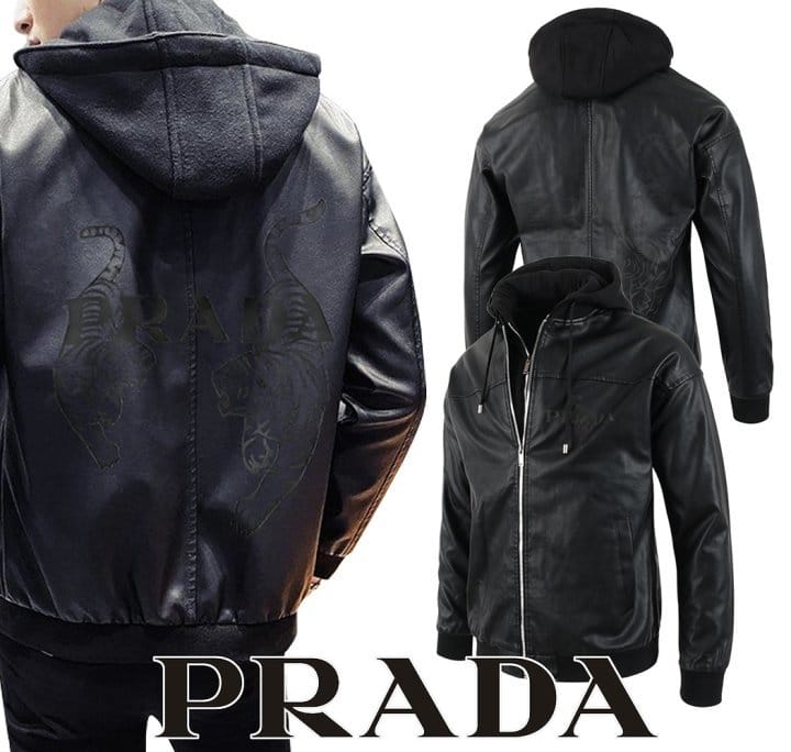 PRADA 프라다 타이거 로고 후드 레더 집업