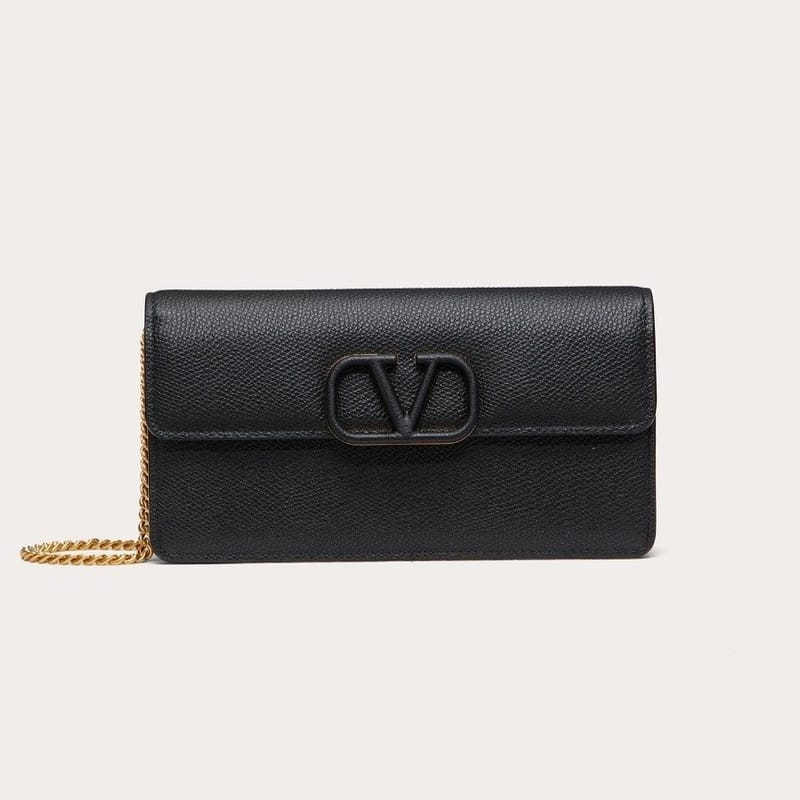 VALENTINO 발렌티노 브이로고 시그니처 메탈릭 그레인 카프스킨 체인 지갑 4COLOR