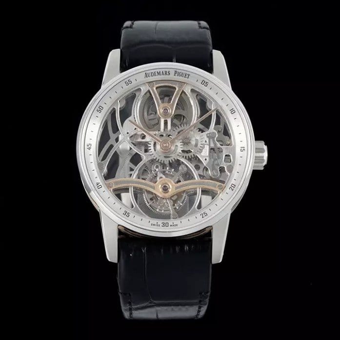 AUDEMARS PIGUET 오데마피게 코드 11.59 투르비옹 스켈레톤 실버 다이얼 스틸 블랙 가죽 스트랩 41mm 26600CR