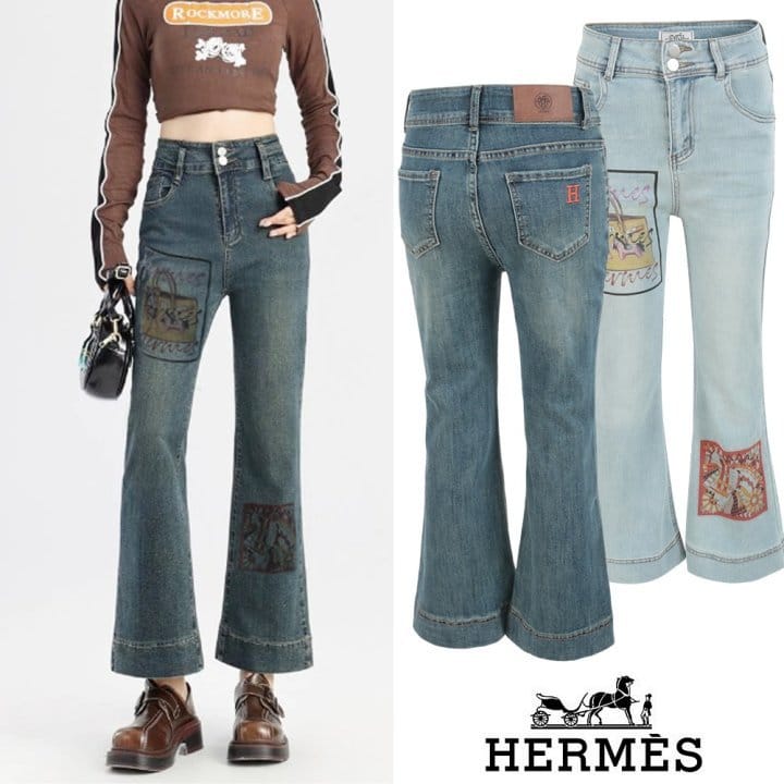 HERMES 에르메스 자수 그래픽 프린트 부츠컷