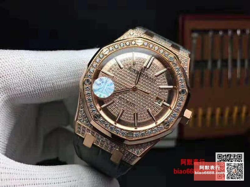 AUDEMARS PIGUET 오데마피게 로얄오크 로즈골드 풀다이아 블랙 레더스트랩