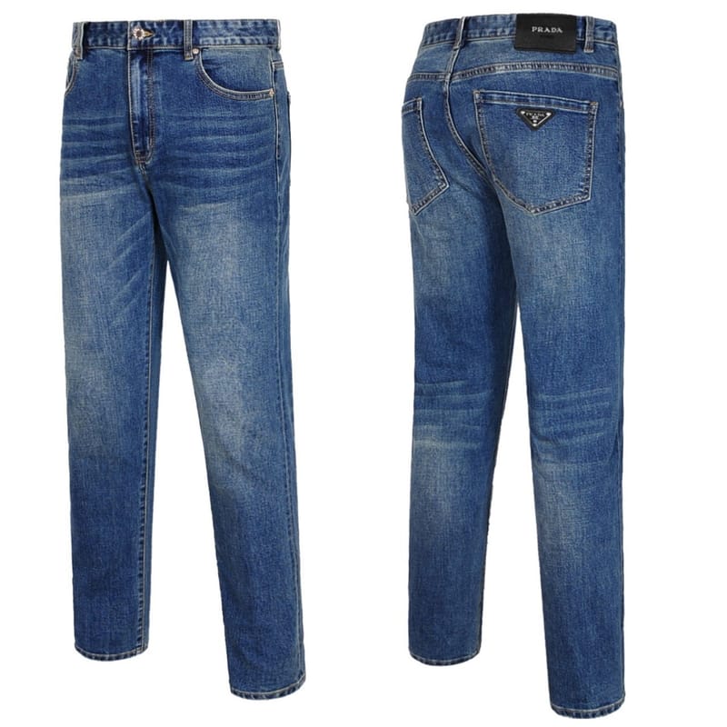 PRADA 프라다 메탈 삼각패치 중청 캣워싱진