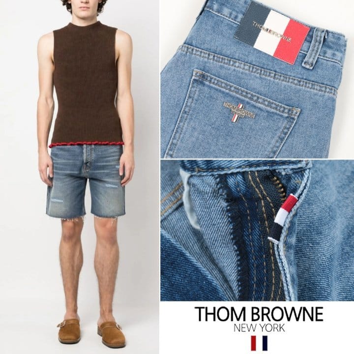 THOM BROWNE 톰브라운 삼색레더 스틸 데미지 데님쇼츠