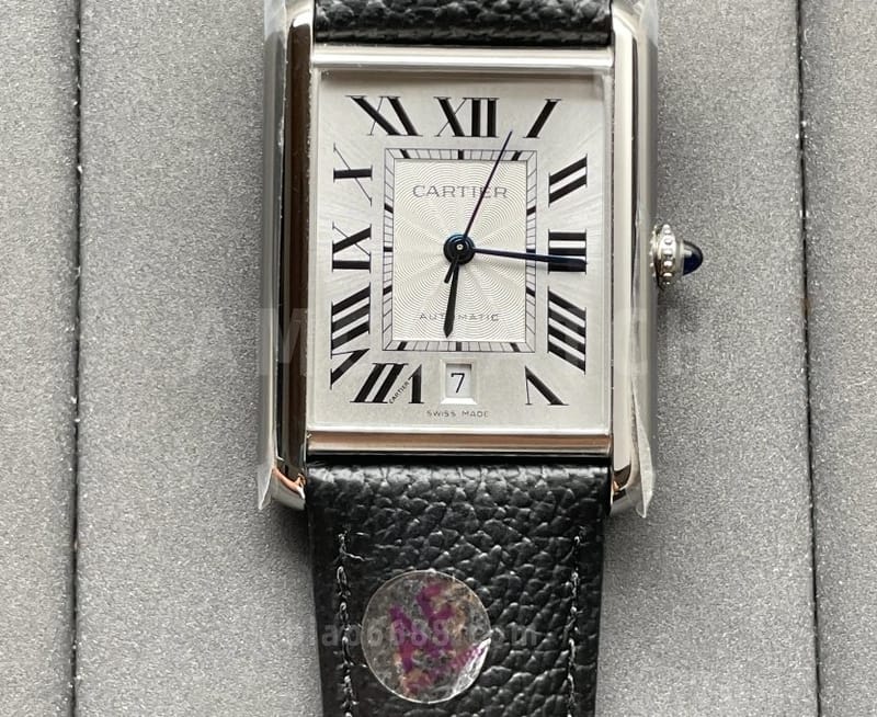 CARTIER 까르띠에 탱크 머스트 오토 스틸 시계 XL 블랙 레더 스트랩