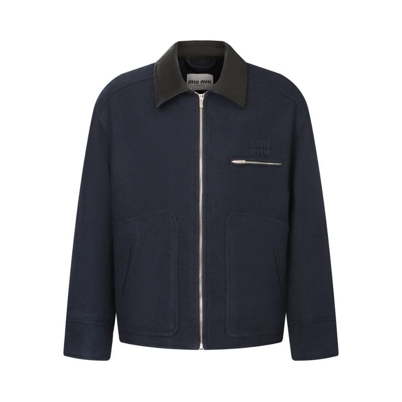 MIUMIU 미우미우 레더 카라 울 블렌드 블루종 자켓