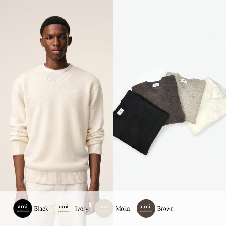 AMI 아미 드 꾀흐 까마이외 자수 V넥 울 스웨터