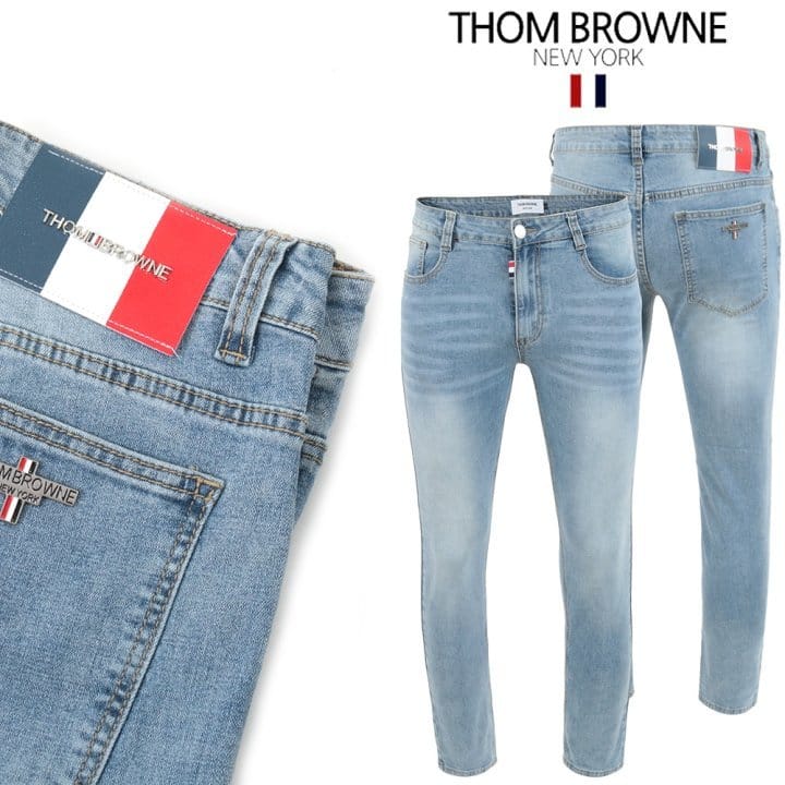 THOM BROWNE 톰브라운 삼색레더패치 스틸 연청 워싱 슬림진