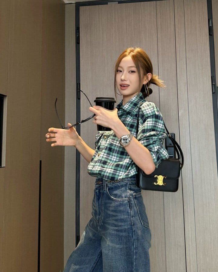 CELINE 셀린느 골드 버튼 플란넬 체크 셔츠