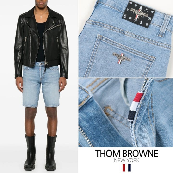 THOM BROWNE 톰브라운 마린레더 스틸 연청 데님쇼츠