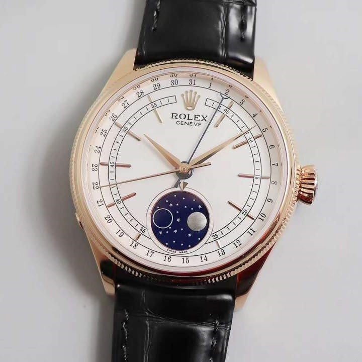 ROLEX 로렉스 셀리니 신형 문페이즈 로즈골드 화이트 다이얼 블랙 레더 스트랩