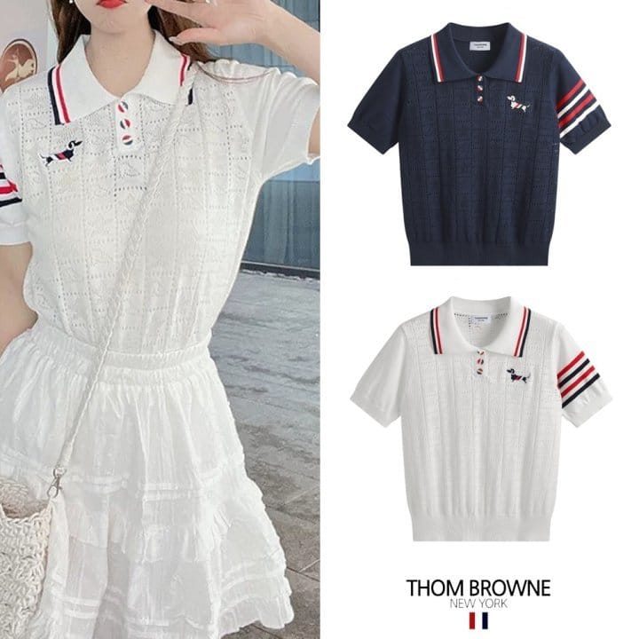THOM BROWNE 톰브라운 컬러4바 도그자수 펀칭 카라 니트