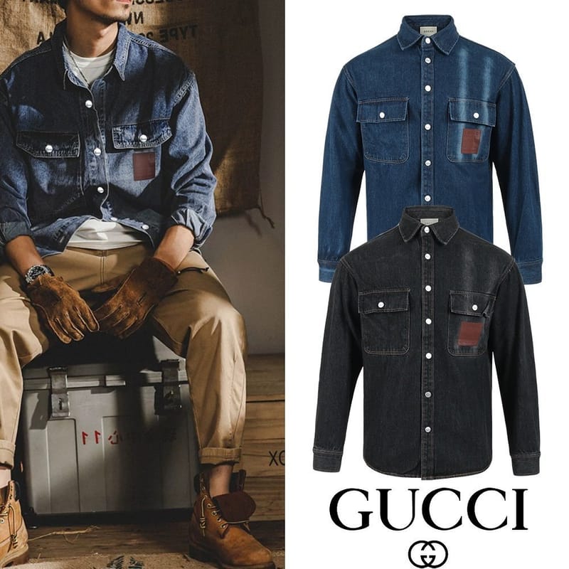GUCCI 구찌 포켓 포인트레더 스냅 데님셔츠