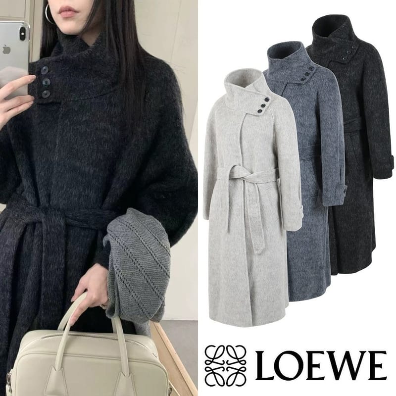 LOEWE 로에베 버튼 하이넥 카멜헤어 핸드메이드 코트