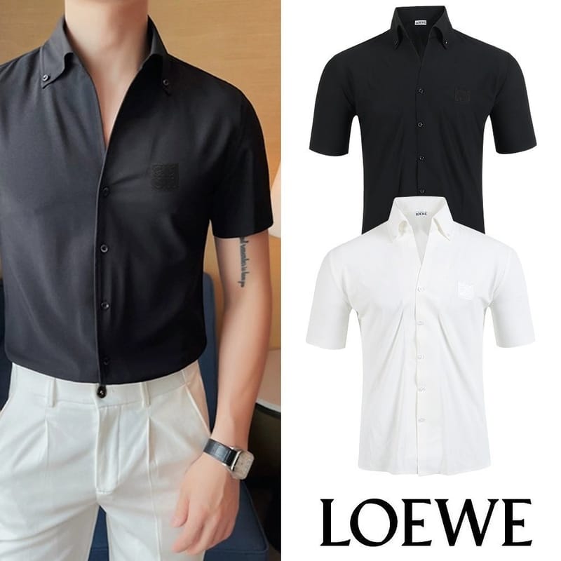 LOEWE 로에베 아나그램 자수 메쉬 오픈카라 셔츠