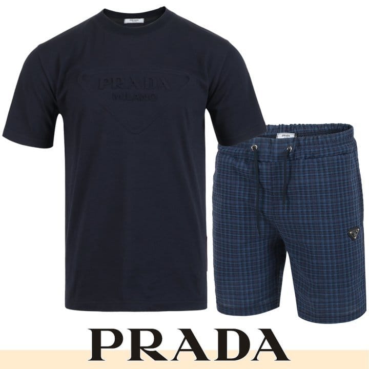 PRADA 프라다 로고 엠보 체크 하프 셋업